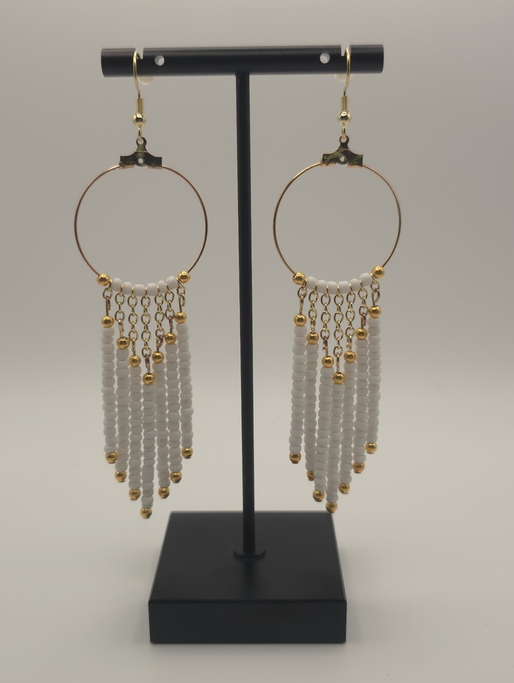 Hand Crafted Gold Hoop White Beaded Fringe Earrings